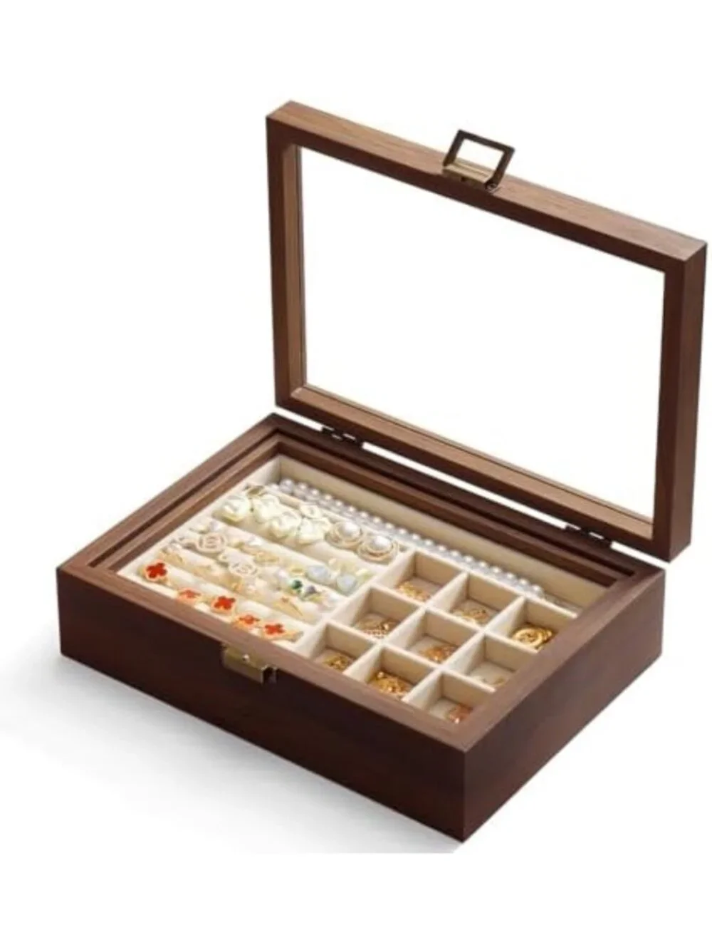 Elegant 2-Layer Wooden Jewelry Box with Glass Lid - Stylish Organizer for